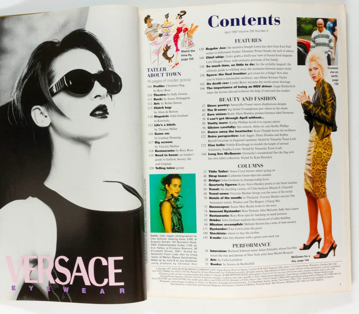 Jade Jagger NABILA KHASHOGGI Alexander McQueen RALPH LAUREN Tatler April 1997 UK