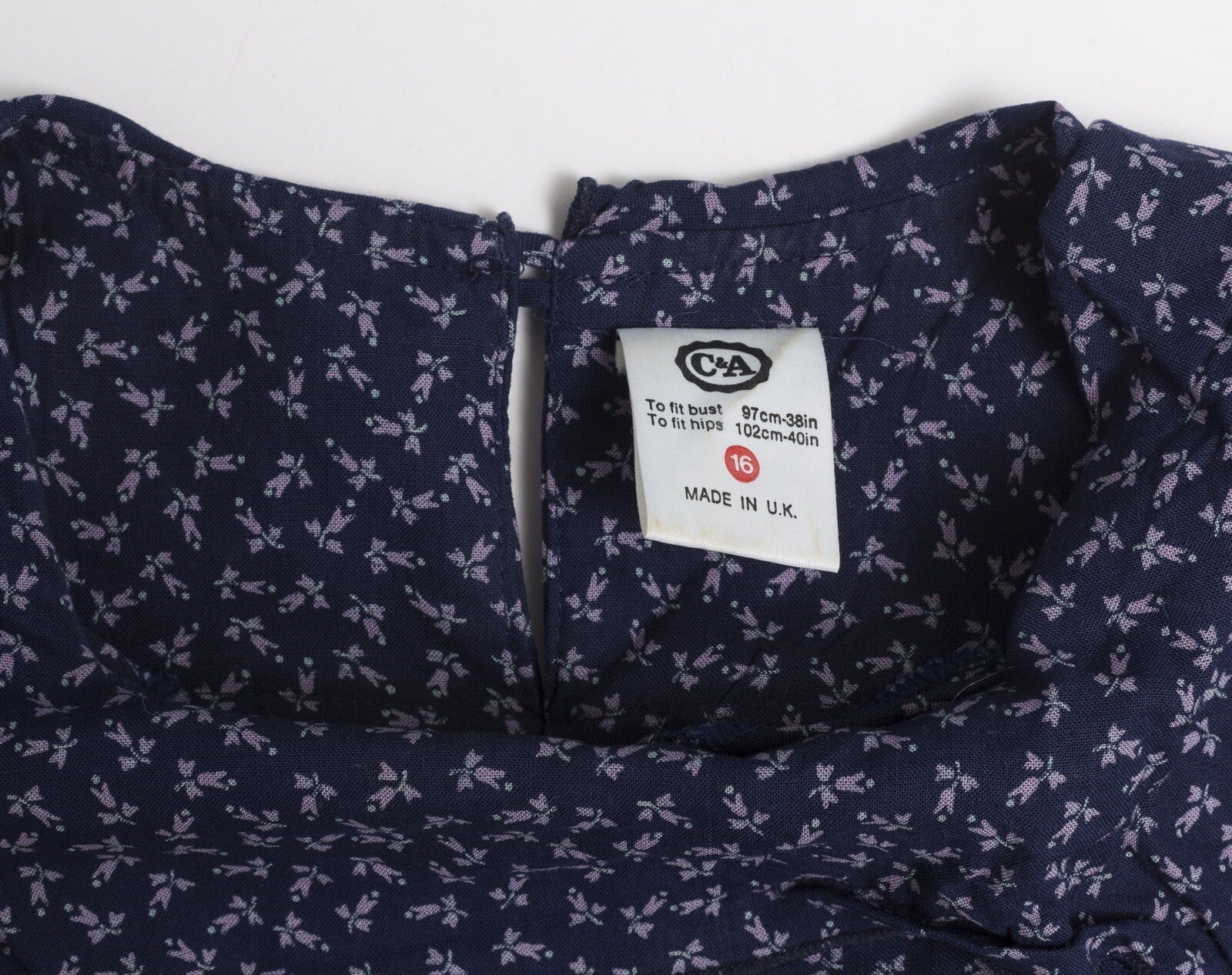 Ditsy 80s Prairie VTG Midi Dress Boho Peasant SIZE 16 navy 3/4 sleeve BIG COLLAR