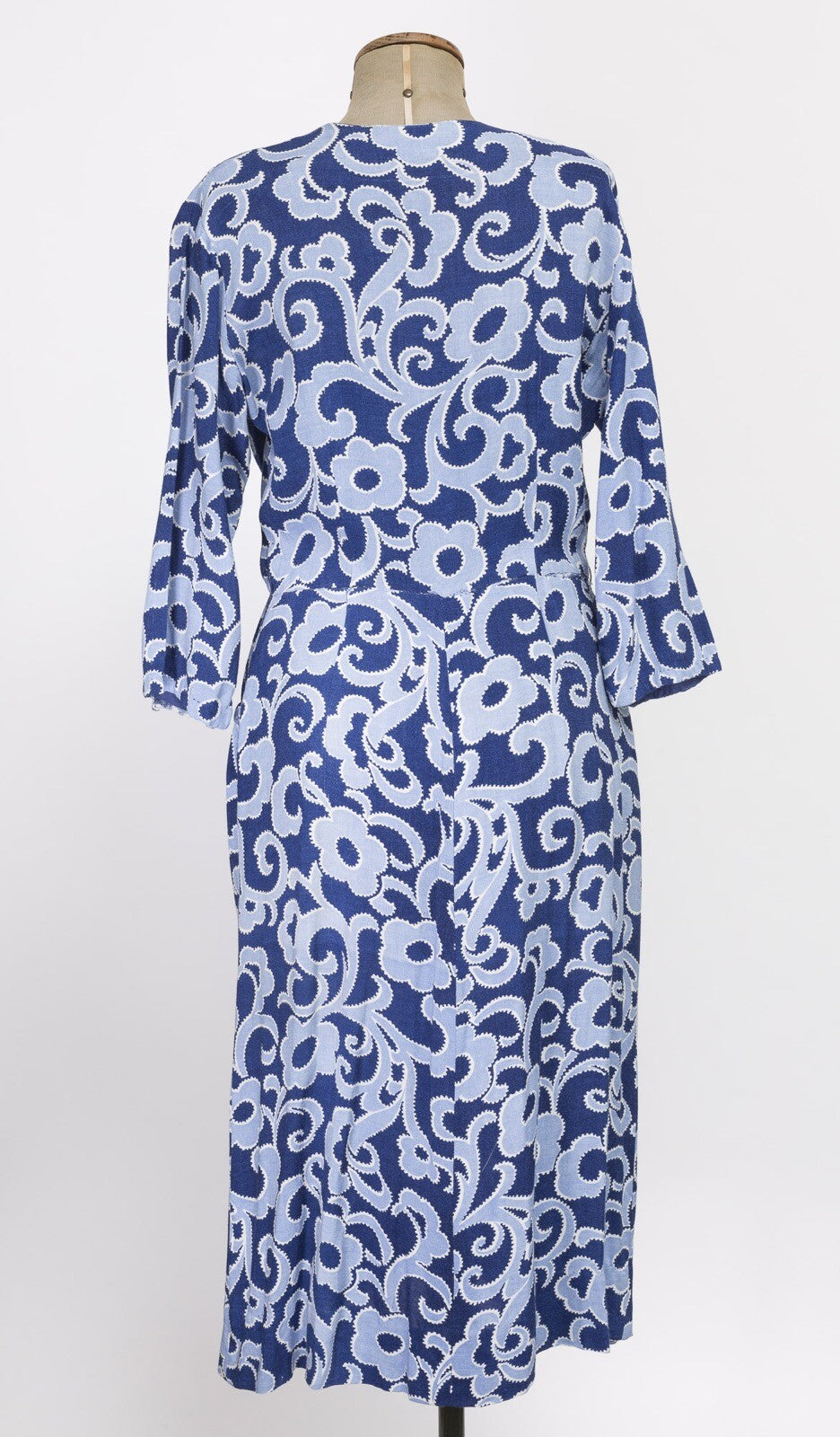 Blue paisley 40s Cotton wartime TEA DAY DRESS Pockets MIDI floral print Size 14