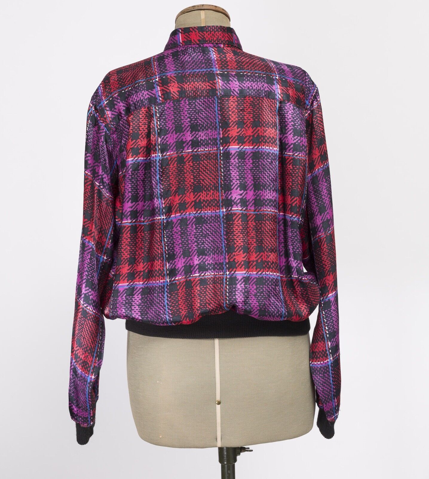  Aquascutum 1980s Jacket Blouse Shirt VTG Check Purple SILK Elastic cuff TARTAN