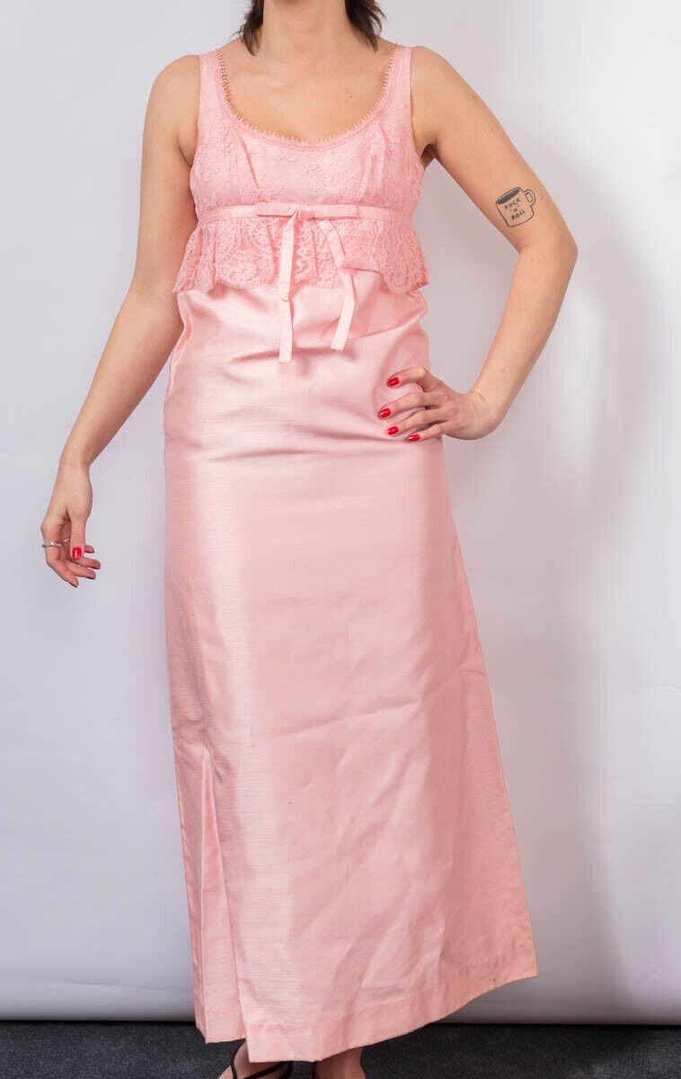 JEAN VARON pink column lace silk prom maxi dress VTG Size 12 Empire line 1960's