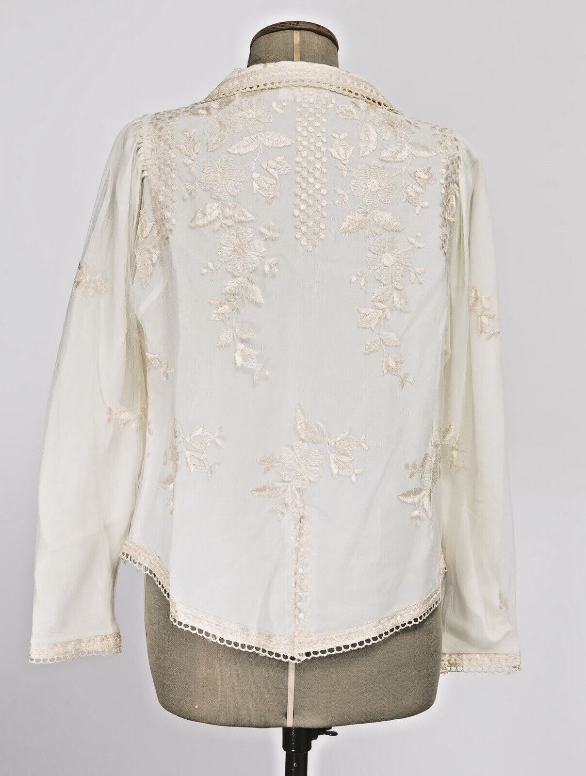 Tom Bowker JEAN VARON shirt jacket MESH embroidered CREAM Hippy FLORAL vtg 1980s