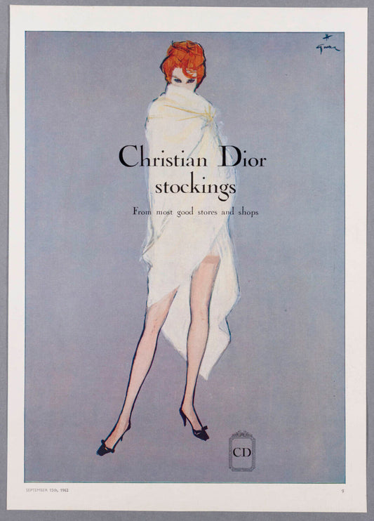 Rene Gruau CHRISTIAN DIOR Stockings VTG ad ORIGINAL MAGAZINE PAGE Borg Fabric CD