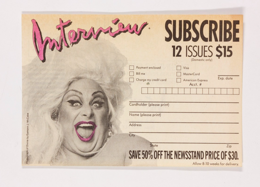 DIVINE subscription card VTG Andy Warhol INTERVIEW MAGAZINE insert EAMONN McCABE