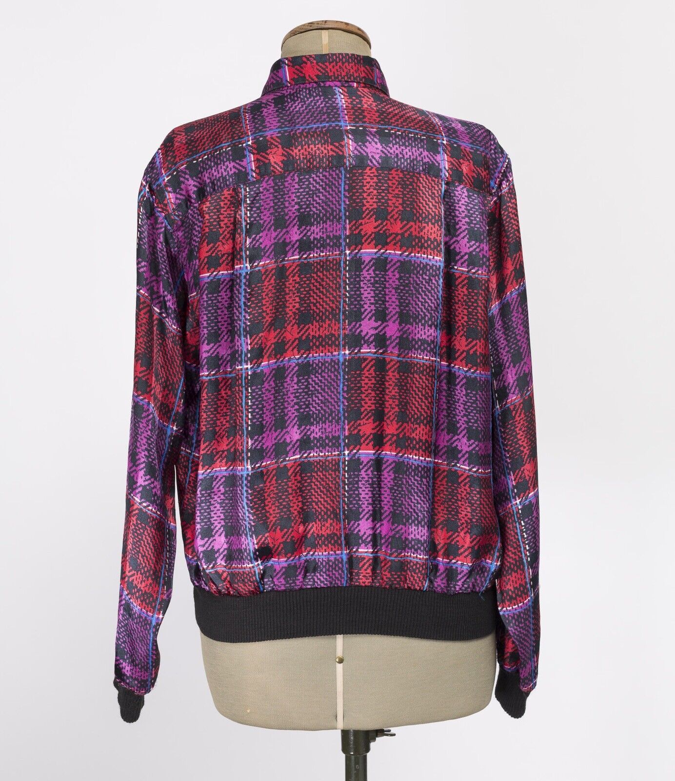  Aquascutum 1980s Jacket Blouse Shirt VTG Check Purple SILK Elastic cuff TARTAN