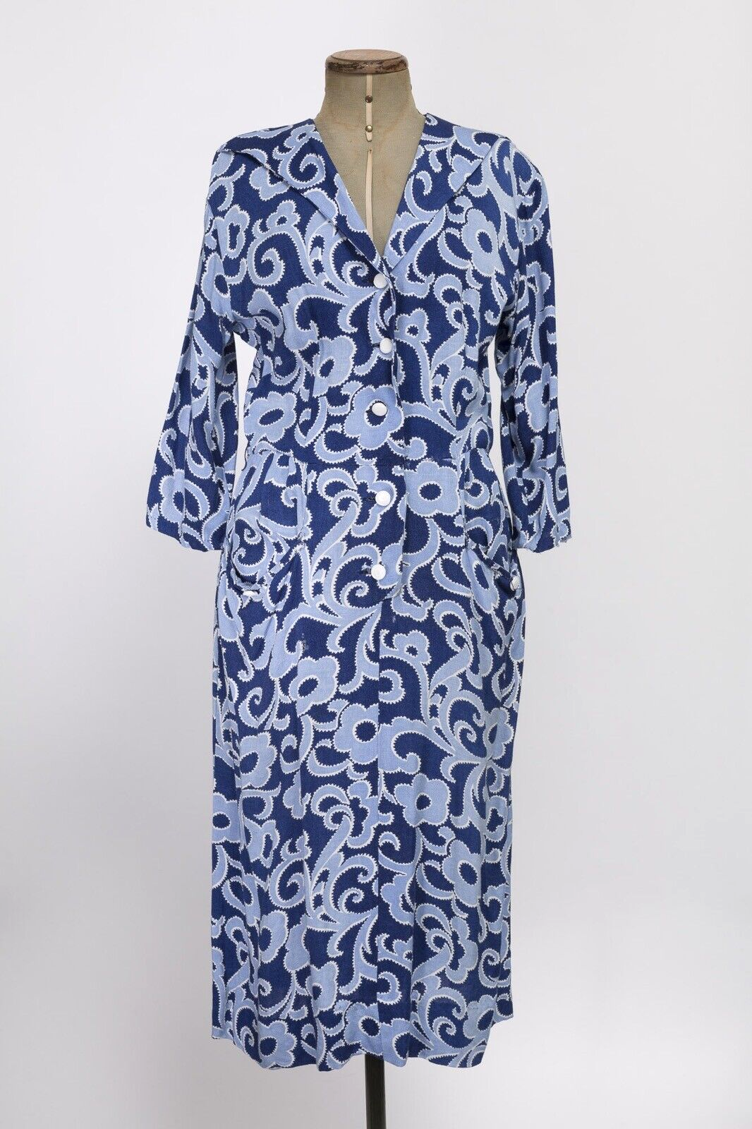 Blue paisley 40s Cotton wartime TEA DAY DRESS Pockets MIDI floral print Size 14