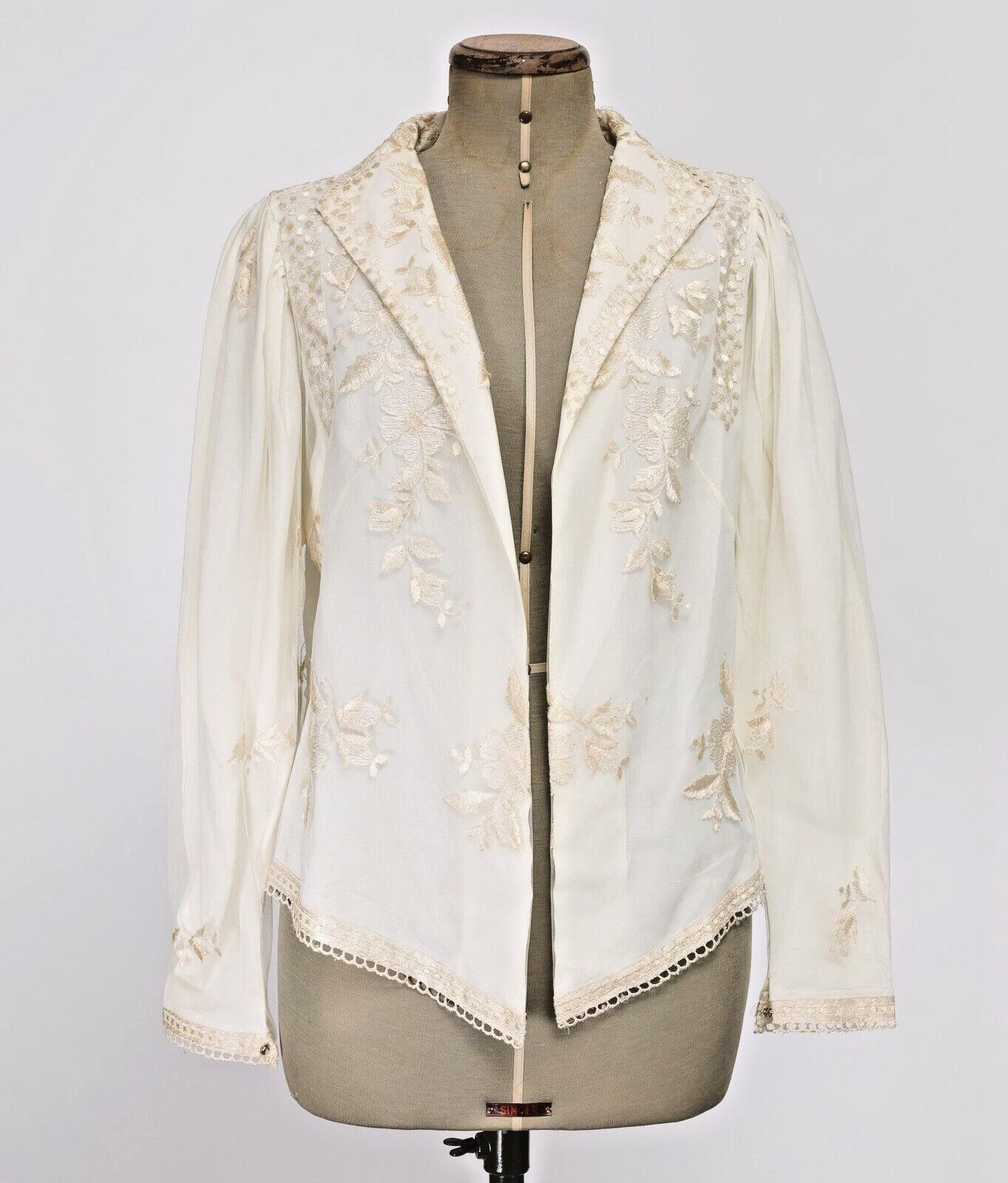 Tom Bowker JEAN VARON shirt jacket MESH embroidered CREAM Hippy FLORAL vtg 1980s
