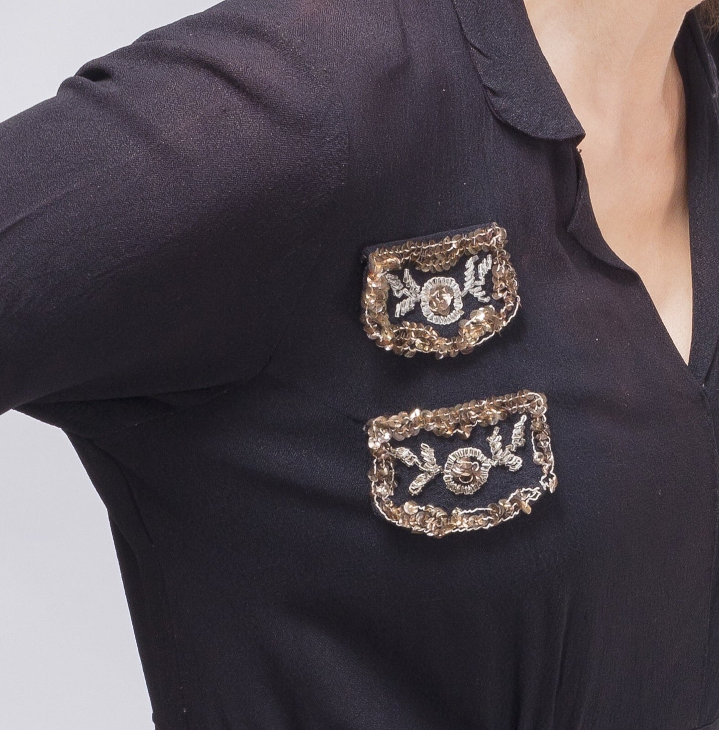Black 1940s Silk crepe Wartime Military Epaulette VTG Maxi Tea Dress SIZE 12 14