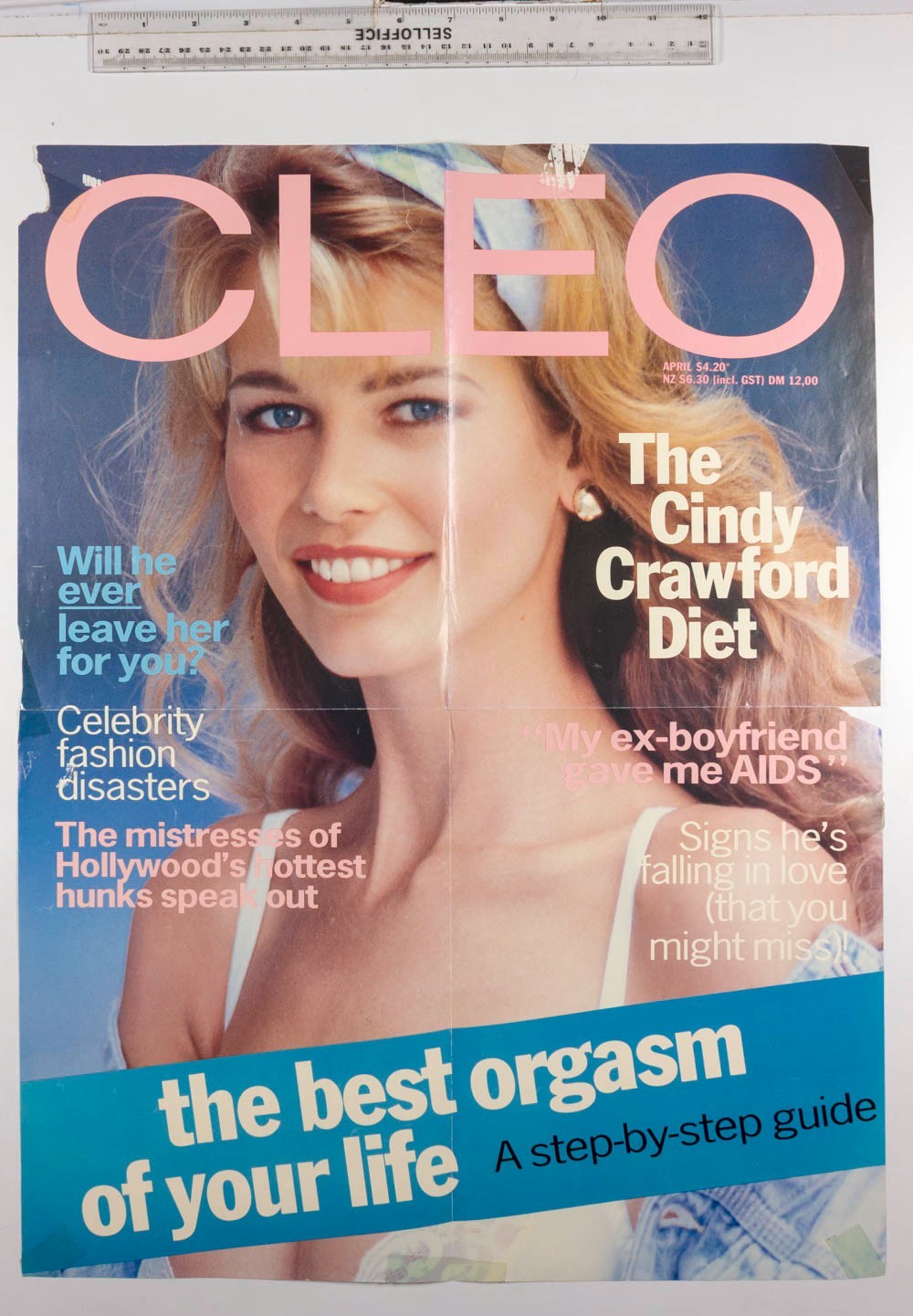 CLAUDIA SCHIFFER fold-out original poster vtg CLEO MAGAZINE Australia 1993 April