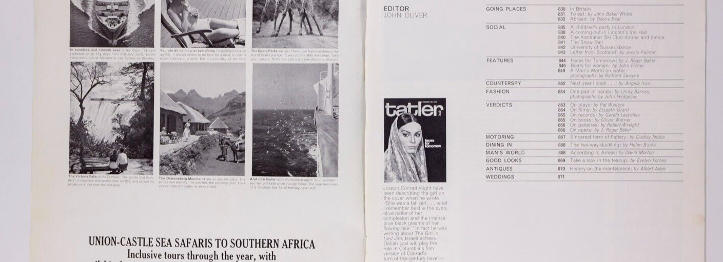DALIAH LAVI Diana Rigg JOHN HEDGECOE Hardy Amies BUECHE-GIROD Tatler magazine UK