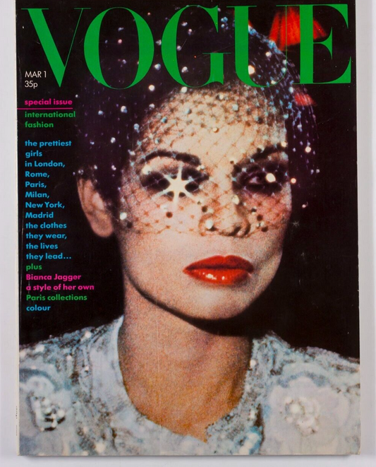 Bianca Jagger HELMUT NEWTON Norman Parkinson VOGUE March 1974 Marie Helvin CHLOE
