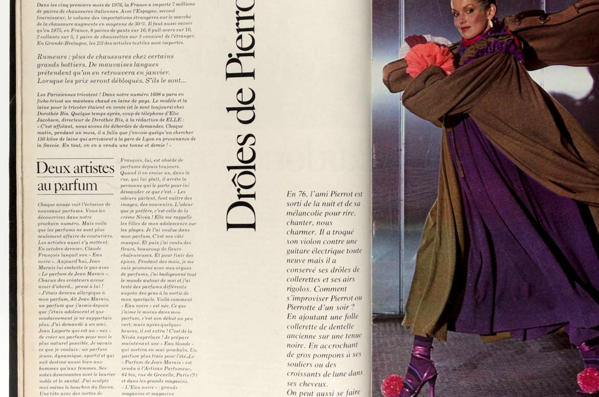 SARITA SKILLMAN Brigitte Bardot ELLE 20 December 1976 SACHA VAN DORSSEN Pierrot