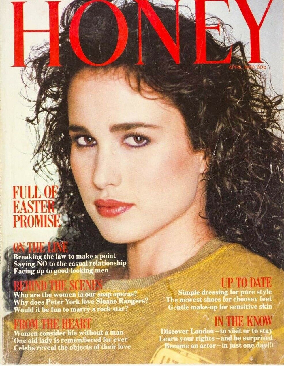 ANDIE MacDOWELL Peter Gutteridge DAVID WARBECK Judy Livermore HONEY magazine 80s