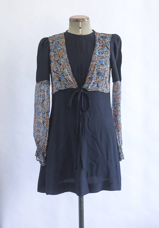 OSSIE CLARK Celia Birtwell VTG floral print bib BLACK MINI DRESS crepe SIZE XS S
