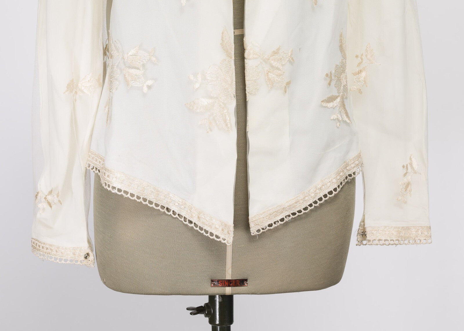 Tom Bowker JEAN VARON shirt jacket MESH embroidered CREAM Hippy FLORAL vtg 1980s