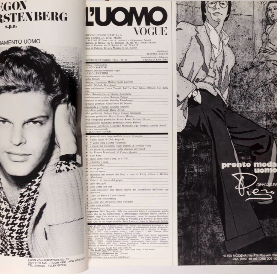 Giorgio Armani's 1st magazine L'UOMO VOGUE Dirk Bogarde LOU REED August 1974