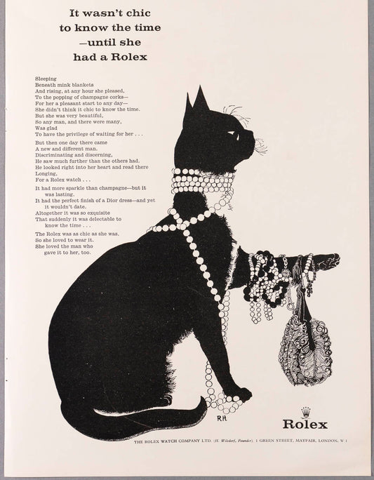 Rolex watch BLACK CAT genuine VTG ad ORIGINAL MAGAZINE PAGE advert 1960 Mayfair