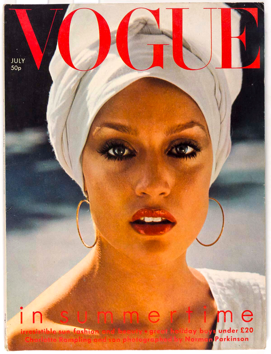 JERRY HALL Charlotte Rampling NORMAN PARKINSON Vogue July 1975 50th birthday VTG