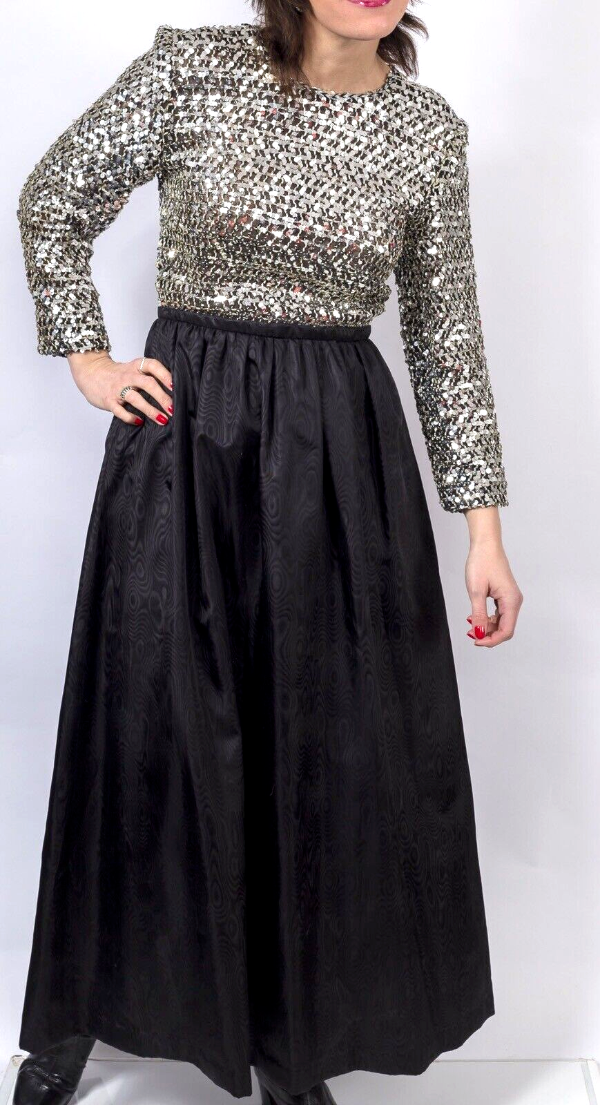 Jean Varon VTG Maxi Dress 70s Silver Sequin STUDIO 54 pockets BLACK disco SIZE L