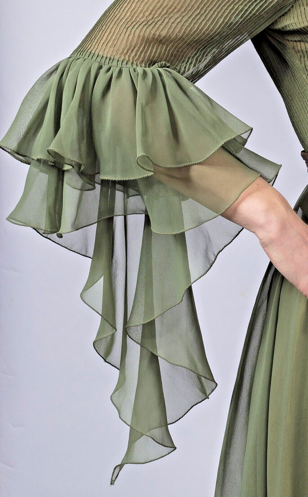 Jean Varon MAXI DRESS Olive Green 1970s Hippy RUFFLES Tiered Wizard Sleeves VTG