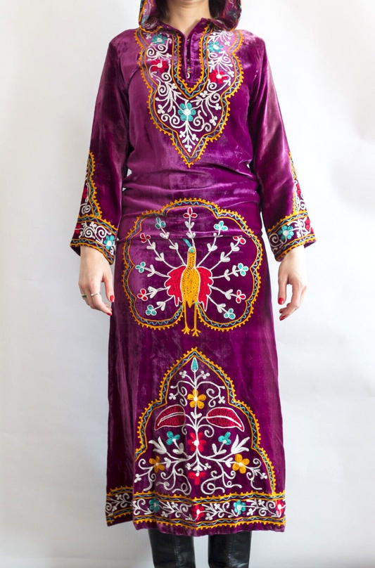Velvet Kaftan hooded dress VTG Embroidered peacock INDIAN Hippy MAXI Purple SILK