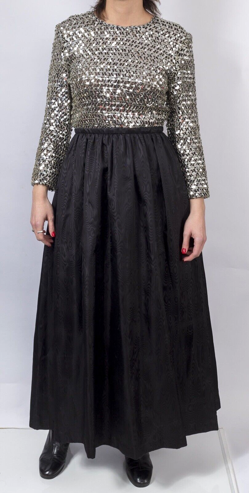 Jean Varon VTG Maxi Dress 70s Silver Sequin STUDIO 54 pockets BLACK disco SIZE L