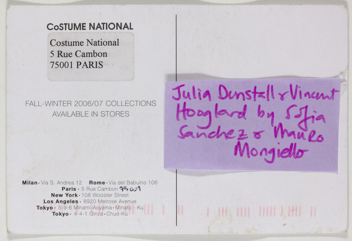 JULIA DUNSTALL Sofia Sanchez COSTUME NATIONAL Winter 2006 2007 POSTCARD lookbook