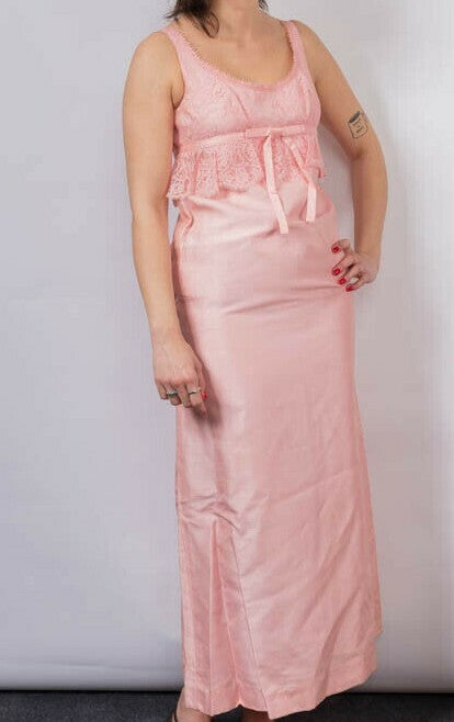 JEAN VARON pink column lace silk prom maxi dress VTG Size 12 Empire line 1960's